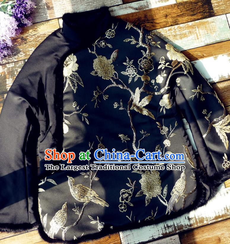 Chinese Traditional Winter Embroidered Black Cotton Padded Jacket National Tang Suit Overcoat Costumes for Women
