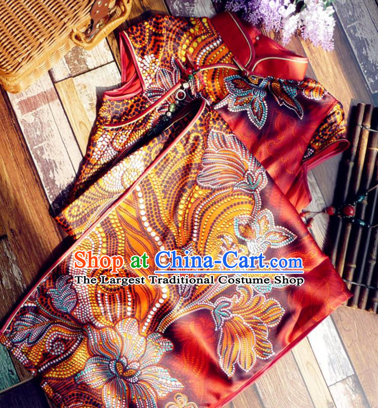 Chinese Traditional Printing Red Silk Qipao Dress National Tang Suit Cheongsam Costumes for Women