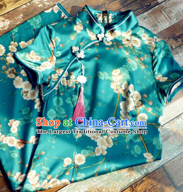 Chinese Traditional Printing Pear Flowers Deep Green Silk Qipao Dress National Tang Suit Cheongsam Costumes for Women