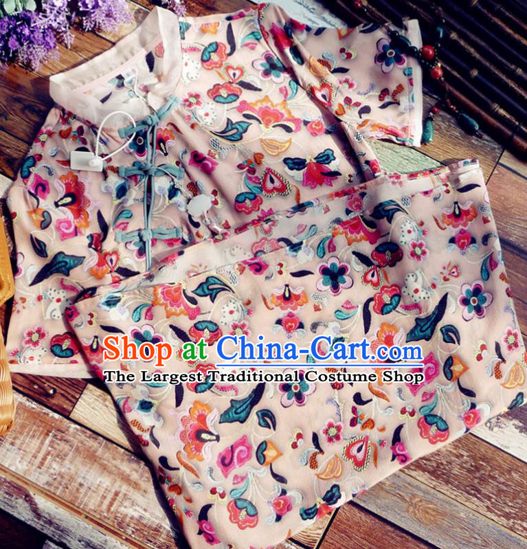 Chinese Traditional Embroidered Pink Silk Qipao Dress National Tang Suit Cheongsam Costumes for Women