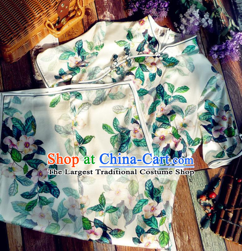 Chinese Traditional Printing Peach Blossom White Silk Qipao Dress National Tang Suit Cheongsam Costumes for Women
