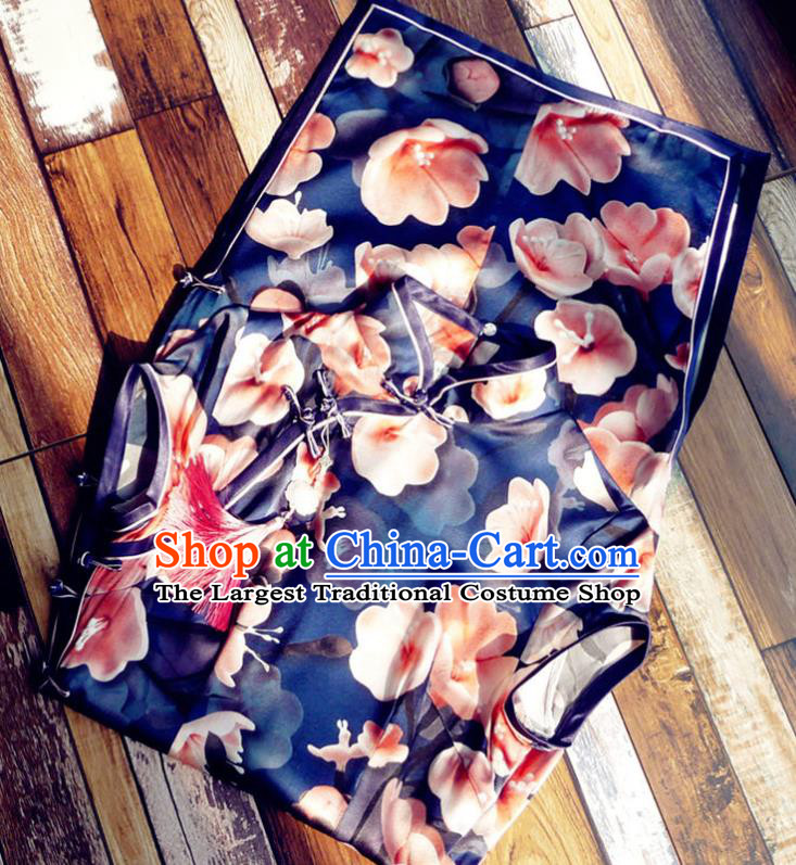 Chinese Traditional Printing Navy Silk Qipao Dress National Tang Suit Cheongsam Costumes for Women
