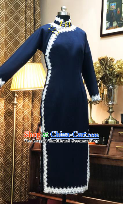 Chinese Traditional Navy Woolen Qipao Dress National Tang Suit Cheongsam Costumes for Women