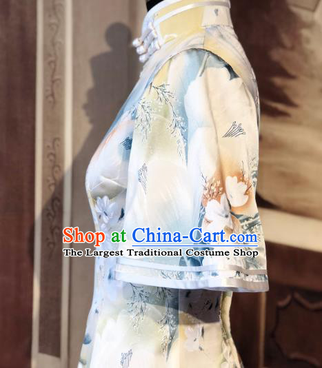 Chinese Traditional Printing Flowers Silk Qipao Dress National Tang Suit Cheongsam Costumes for Women