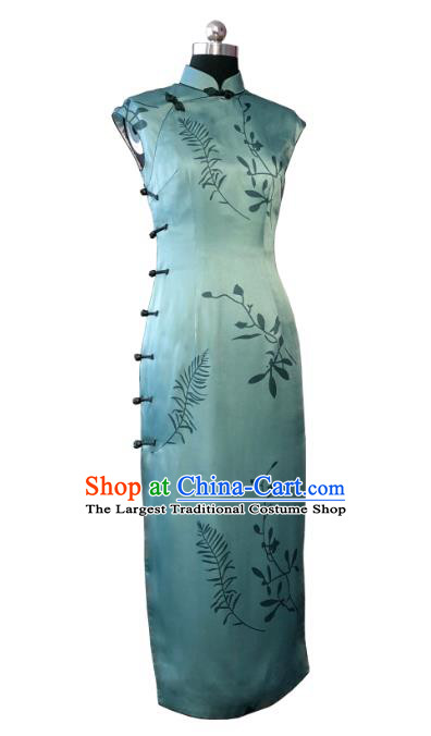 Chinese Traditional Green Silk Qipao Dress National Tang Suit Cheongsam Costumes for Women