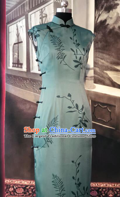 Chinese Traditional Green Silk Qipao Dress National Tang Suit Cheongsam Costumes for Women