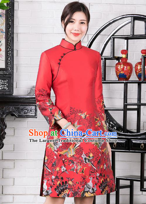 Chinese Traditional Winter Printing Red Qipao Dress National Tang Suit Cheongsam Costumes for Women