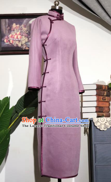 Chinese Traditional Violet Woolen Qipao Dress National Tang Suit Cheongsam Costumes for Women