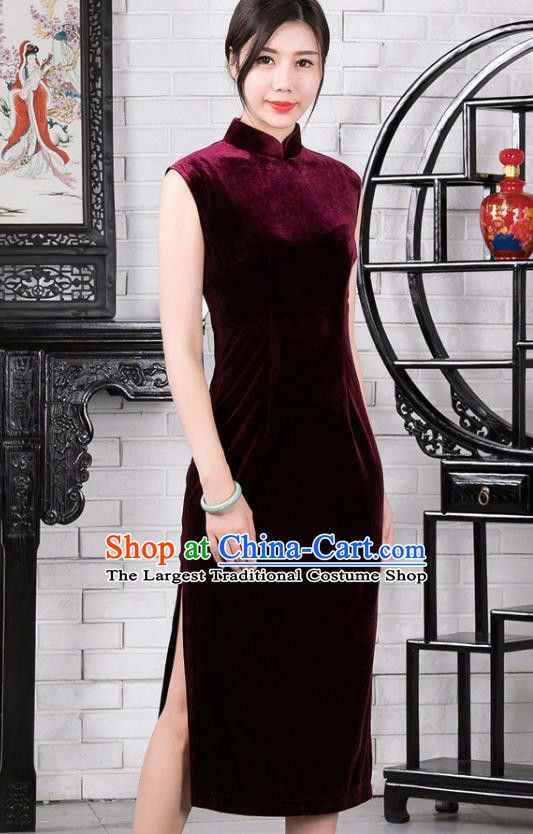 Chinese Traditional Wine Red Velvet Sleeveless Qipao Dress National Tang Suit Cheongsam Costumes for Women