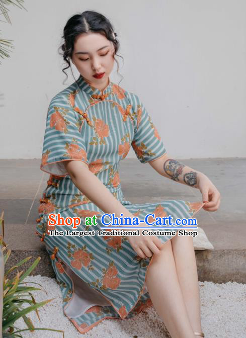 Chinese Traditional Retro Printing Green Qipao Dress National Tang Suit Cheongsam Costumes for Women