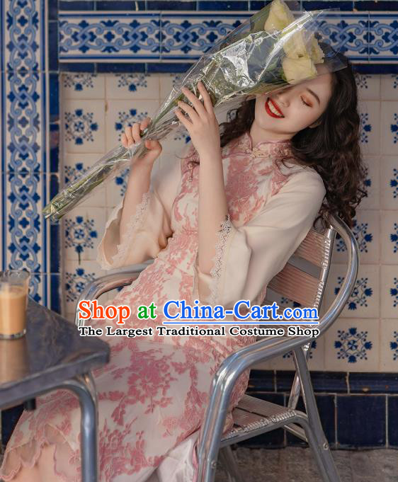 Chinese Traditional Retro Pink Embroidered Qipao Dress National Tang Suit Cheongsam Costumes for Women