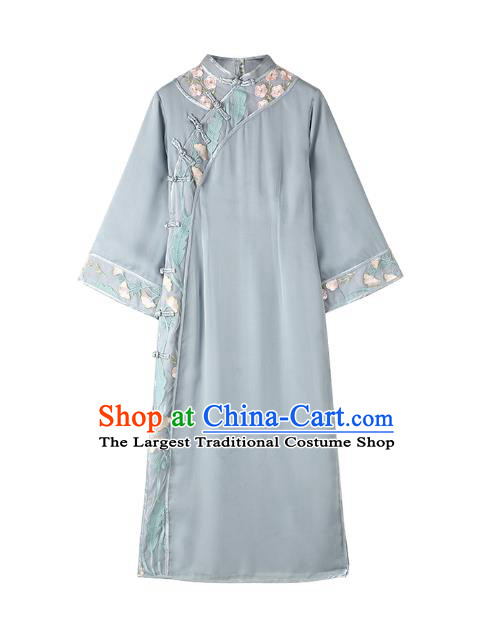 Chinese Traditional Retro Light Blue Qipao Dress National Tang Suit Cheongsam Costumes for Women
