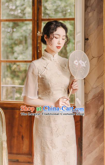 Chinese Traditional Retro Qipao Dress National Tang Suit Beige Cheongsam Costumes for Women