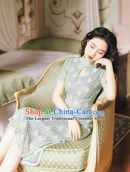 Chinese Traditional Retro Green Lace Qipao Dress National Tang Suit Cheongsam Costumes for Women