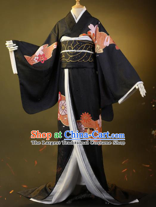 Japanese Traditional Cosplay Geisha Printing Black Kimono Dress Japan Costumes for Women