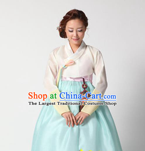 Korean Traditional Court Hanbok White Satin Blouse and Blue Dress Garment Asian Korea Fashion Costume for Women