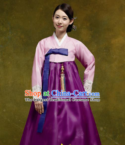 Korean Traditional Court Hanbok Pink Satin Blouse and Purple Dress Garment Asian Korea Fashion Costume for Women