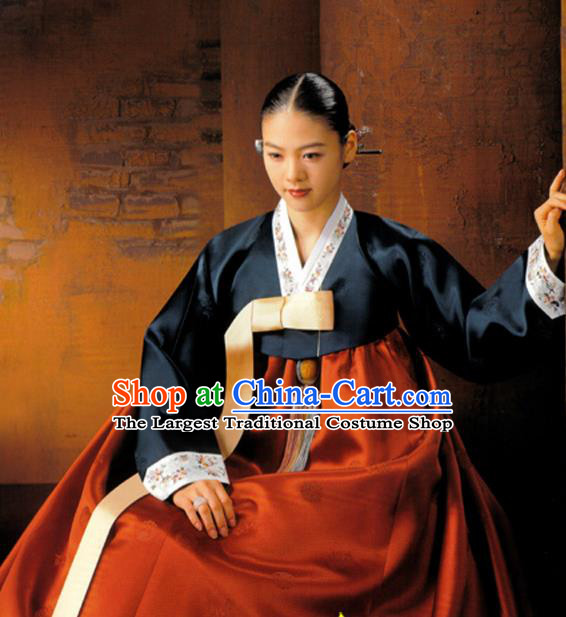 Korean Traditional Hanbok Court Navy Blouse and Red Dress Garment Asian Korea Fashion Costume for Women