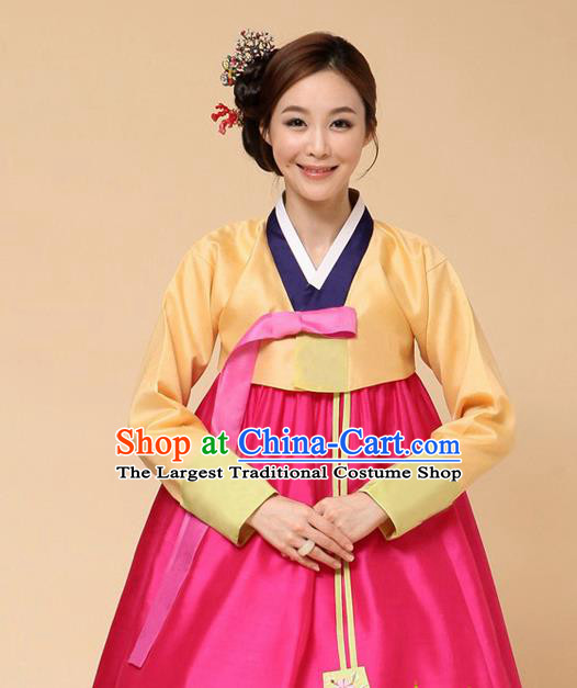 Korean Traditional Court Hanbok Yellow Blouse and Rosy Dress Garment Asian Korea Fashion Costume for Women