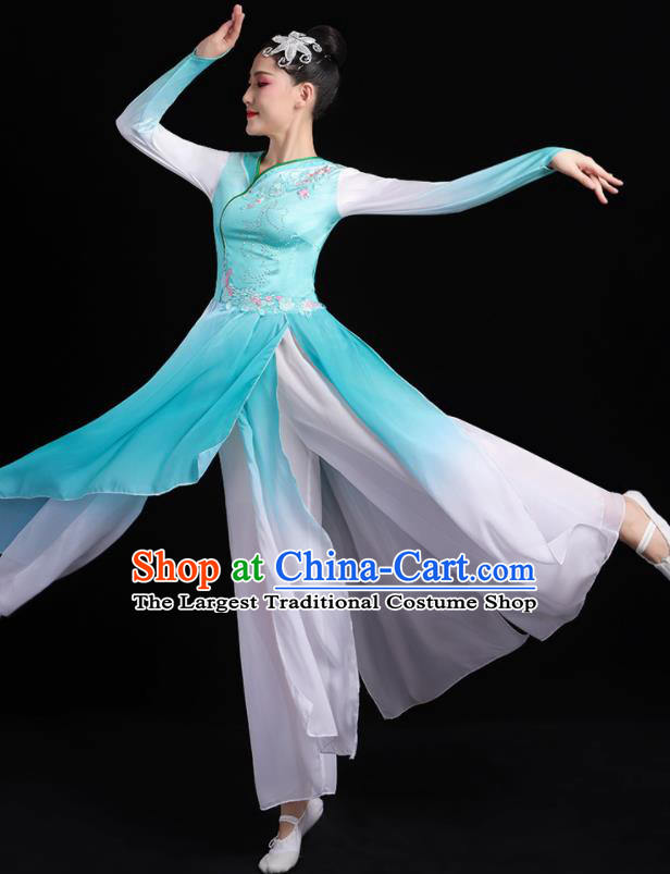 Chinese Traditional Classical Dance Blue Dress Umbrella Dance Stage Performance Costume for Women
