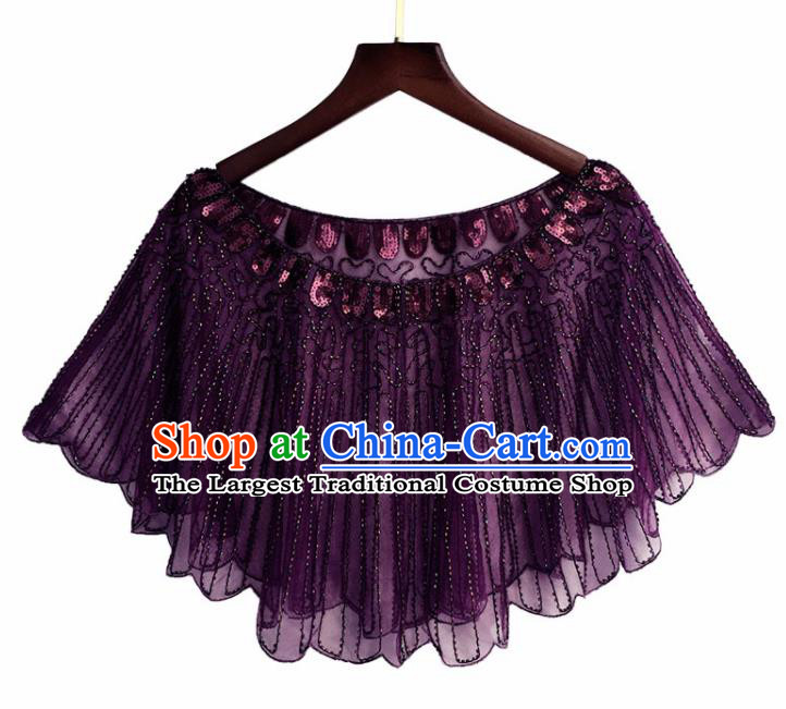 Top Professional Latin Dance Sequins Purple Blouse Modern Dance Cloak Stage Performance Costume for Women