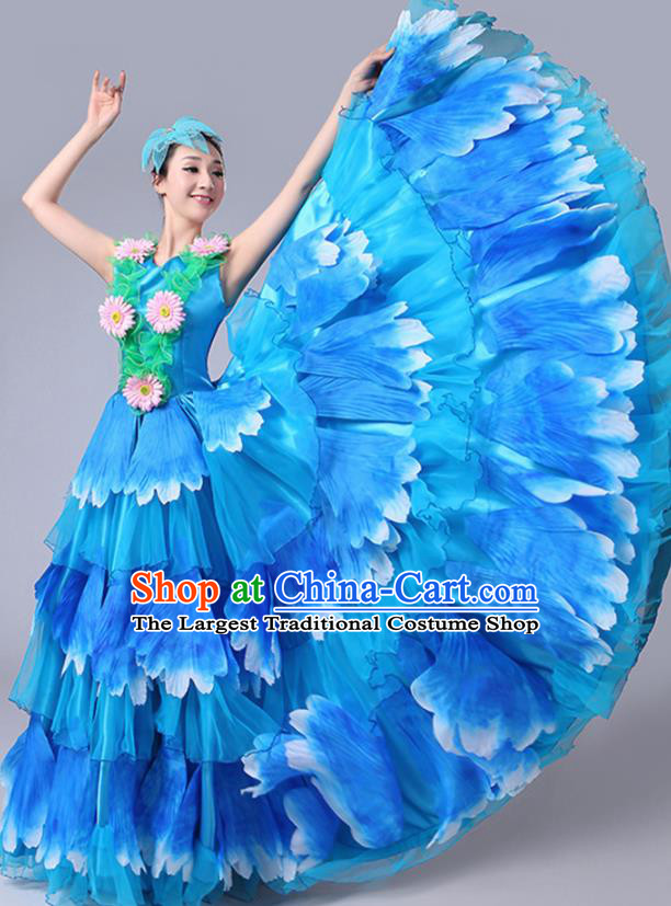 Chinese Traditional Peony Dance Fan Dance Blue Dress Classical Dance Stage Performance Costume for Women