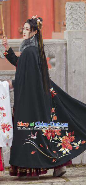 Chinese Traditional Ming Dynasty Hanfu Embroidered Peony Black Cloak Ancient Royal Princess Cape Costumes for Women