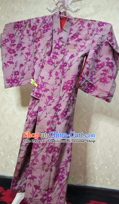 Traditional Japan Geisha Printing Flowers Lilac Furisode Kimono Asian Japanese Fashion Apparel Costume for Women