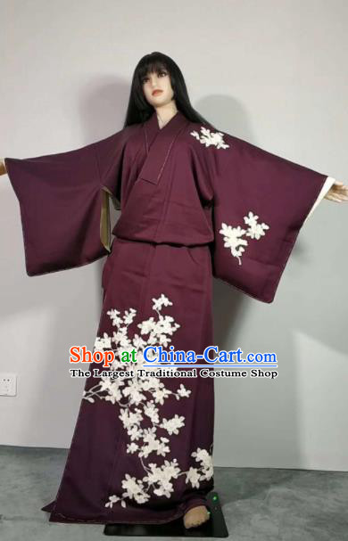 Traditional Japan Geisha Printing Deep Purple Furisode Kimono Asian Japanese Fashion Apparel Costume for Women