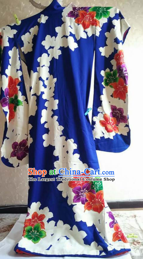 Traditional Japan Geisha Printing Flowers Royalblue Furisode Kimono Asian Japanese Fashion Apparel Costume for Women