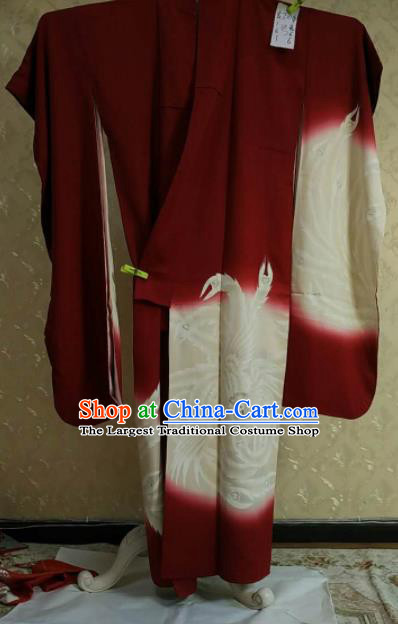 Traditional Japan Geisha Printing Phoenix Red Furisode Kimono Asian Japanese Fashion Apparel Costume for Women