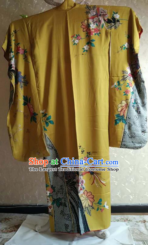 Traditional Japan Geisha Printing Phoenix Yellow Silk Furisode Kimono Asian Japanese Fashion Apparel Costume for Women