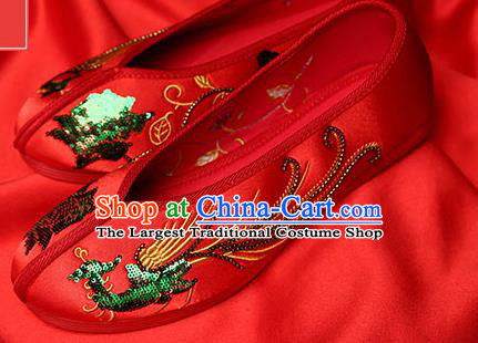 Chinese Traditional Green Sequins Phoenix Red Embroidered Shoes Opera Shoes Hanfu Shoes Wedding Shoes for Women