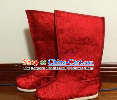 Chinese Traditional Handmade Hanfu Red Satin Boots Ancient Swordsman Shoes for Men