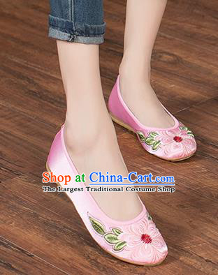 Chinese Traditional Embroidered Peach Blossom Pink Shoes Opera Shoes Hanfu Shoes Satin Shoes for Women