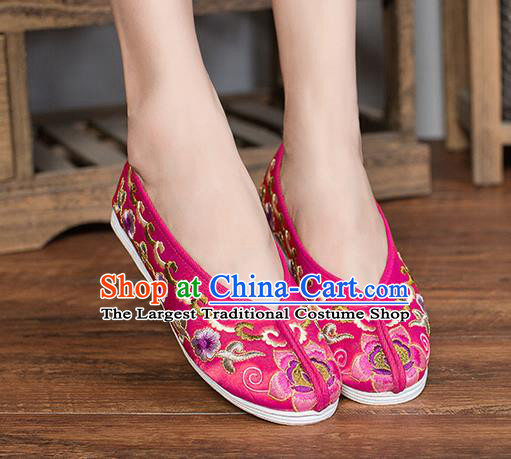 Chinese Traditional Rosy Satin Embroidered Shoes Opera Shoes Hanfu Shoes Wedding Shoes for Women