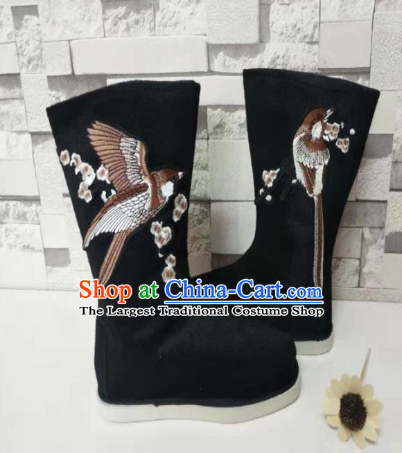 Chinese Traditional Embroidered Bird Black Boots Handmade Hanfu Shoes Ancient Swordsman Shoes for Men