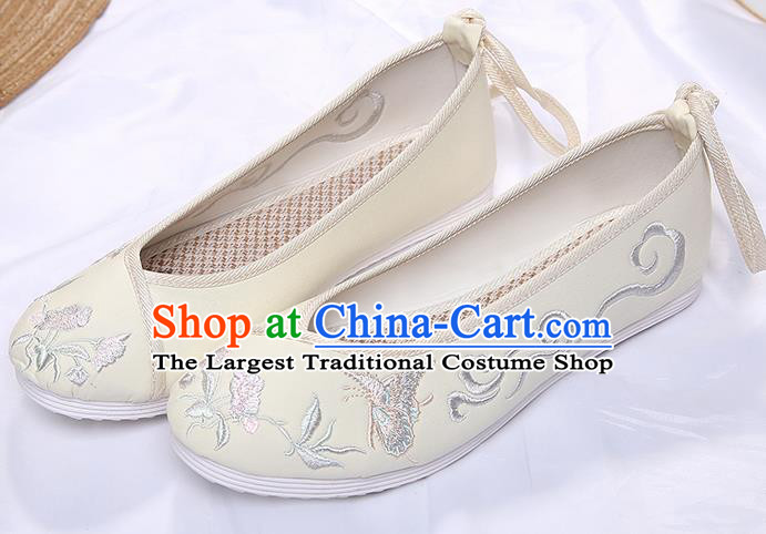 Chinese Traditional Beige Embroidered Butterfly Orchid Shoes Opera Shoes Hanfu Shoes Wedding Shoes for Women