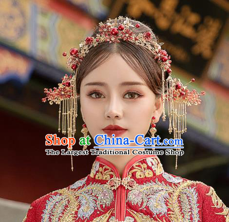 Chinese Traditional Wedding Bride Red Beads Hair Crown Hairpins Hair Accessories for Women