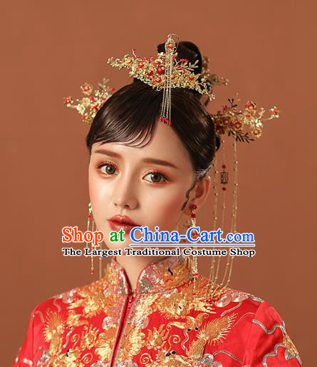 Chinese Traditional Wedding Bride Golden Hair Comb and Tassel Hairpins Hair Accessories for Women