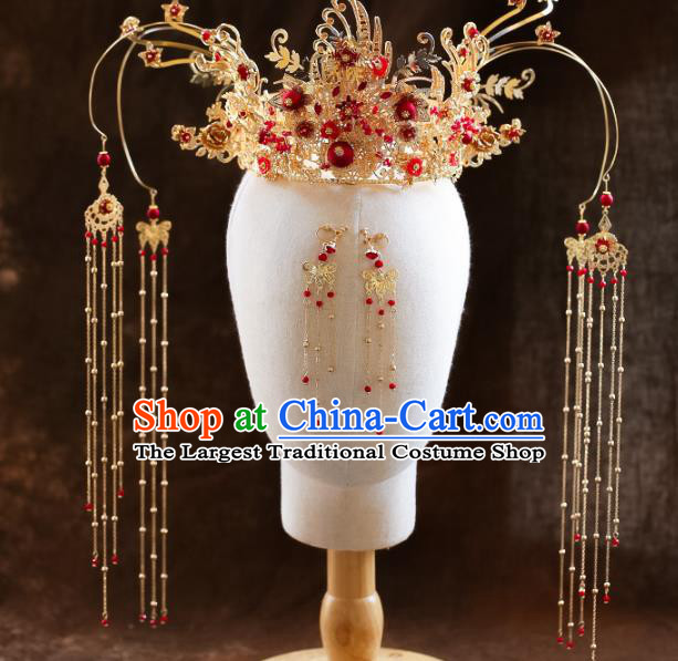 Chinese Ancient Golden Phoenix Coronet Bride Headdress Traditional Wedding Hair Accessories for Women
