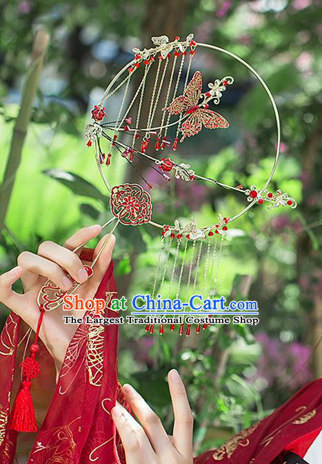 Chinese Traditional Cloisonne Red Butterfly Palace Fans Handmade Classical Hanfu Wedding Fan for Women