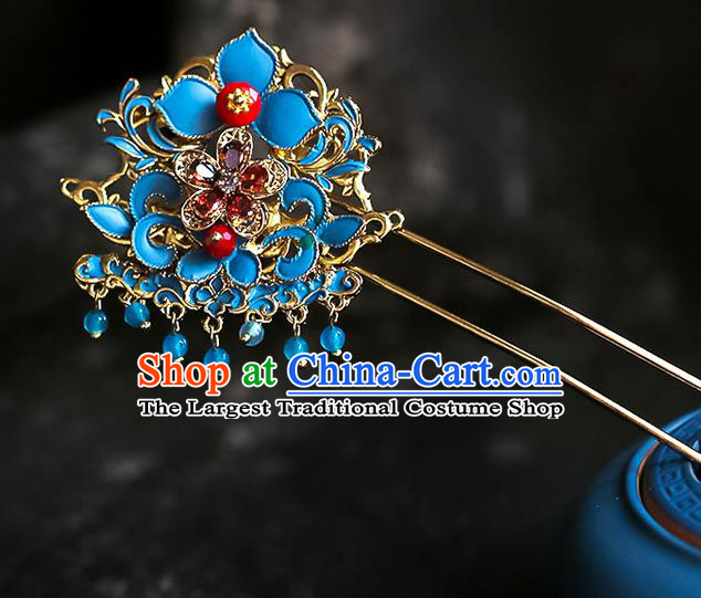 Chinese Ancient Hanfu Blue Hairpin Traditional Bride Hair Accessories for Women