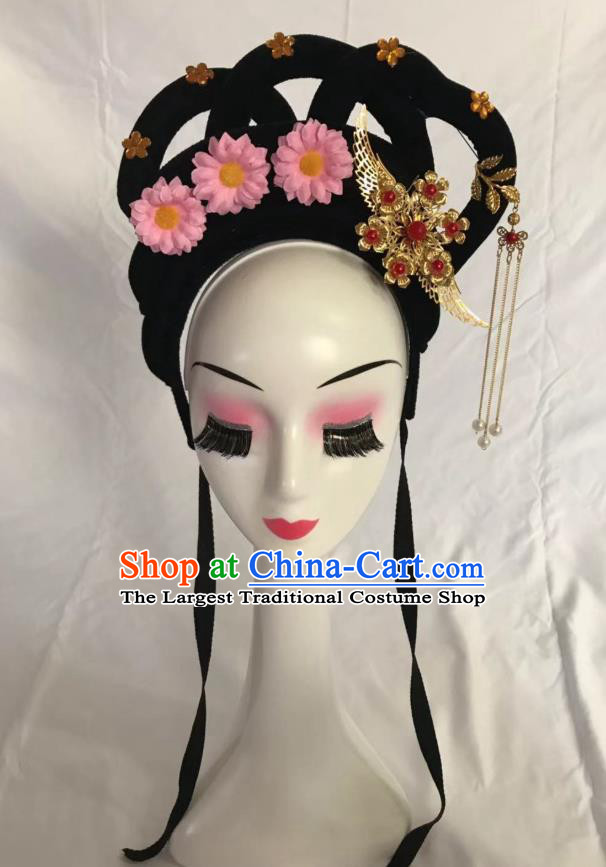 Traditional Chinese Opera Wig Sheath and Pink Flower Hairpins Headdress Peking Opera Diva Hair Accessories for Women