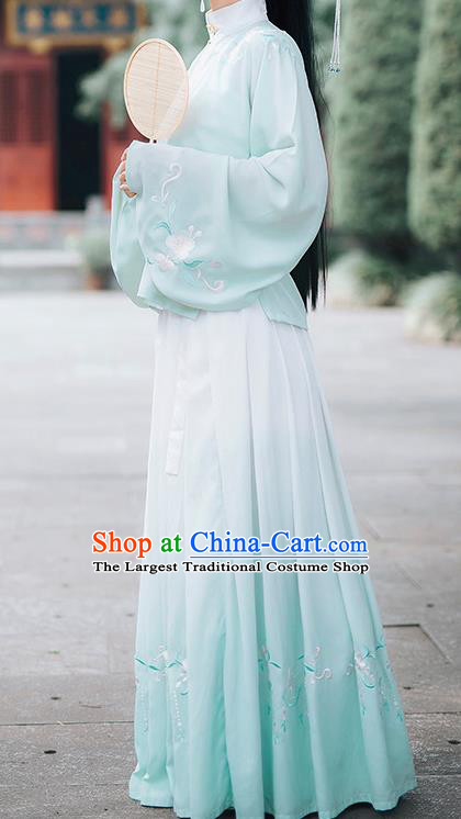 Traditional Chinese Ancient Ming Dynasty Patrician Female Embroidered Light Green Historical Costume Complete Set for Women