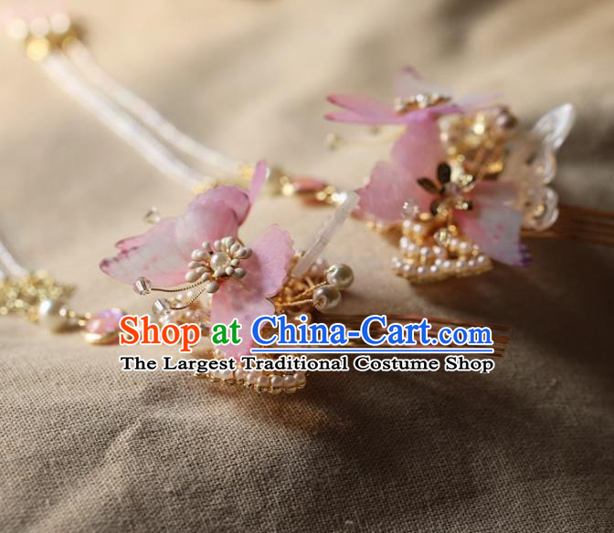 Traditional Chinese Handmade Pink Butterfly Tassel Hair Comb Headdress Ancient Hanfu Hair Accessories for Women