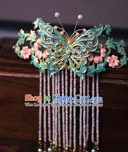 Traditional Chinese Qing Dynasty Blue Butterfly Tassel Hair Comb Headdress Ancient Queen Hair Accessories for Women