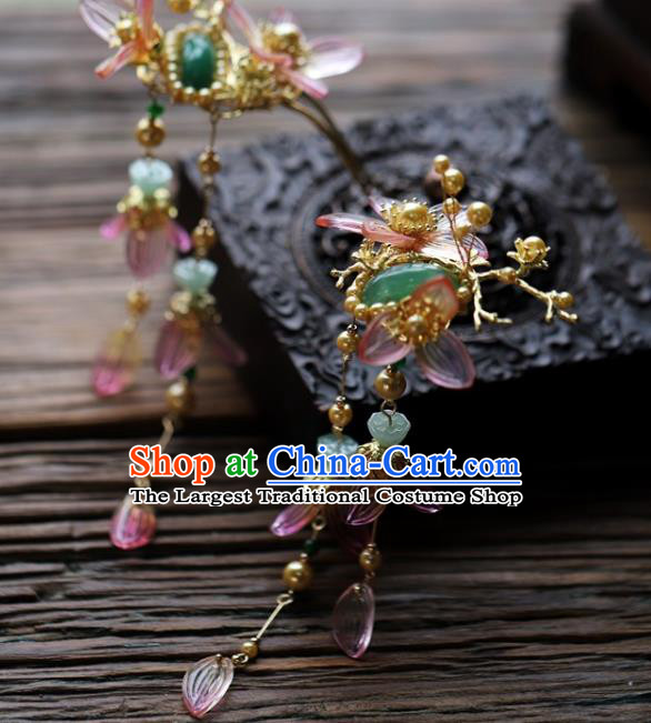 Traditional Chinese Handmade Glass Flower Tassel Hairpins Headdress Ancient Hanfu Hair Accessories for Women