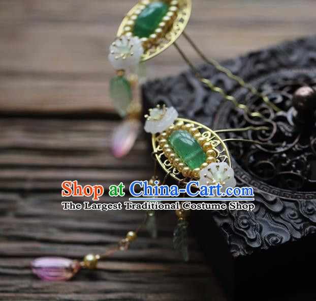 Traditional Chinese Handmade Green Glass Tassel Hairpins Headdress Ancient Hanfu Hair Accessories for Women