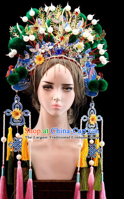 Traditional Chinese Opera Green Venonat Phoenix Coronet Headdress Peking Opera Diva Hair Accessories for Women